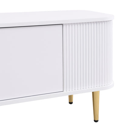 TV-Schrank mit Schubladen, geschwungenen Ecken, Wohnzimmer-TV-Schrank mit gewellten Seiten, goldenen Griffen und Beinen