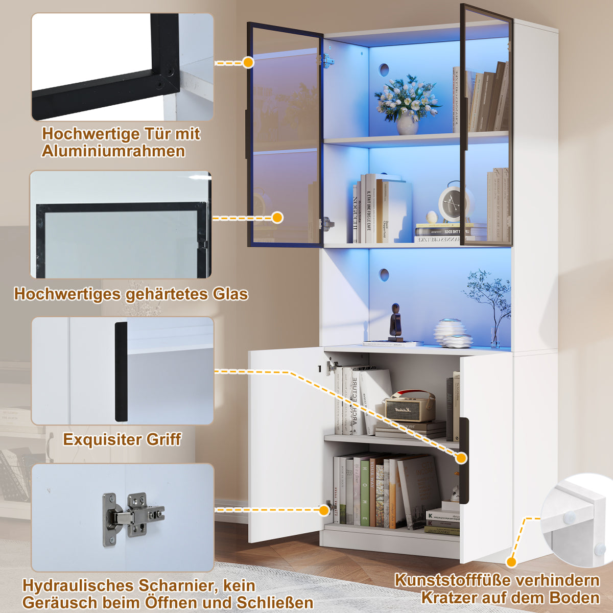 Moderne Vitrine Weiß 80x30x200cm - Glasschrank mit LED-Beleuchtung, Einstellbare Helligkeit & Farbtemperatur, Bücherregal für Sammlerstücke, weiß