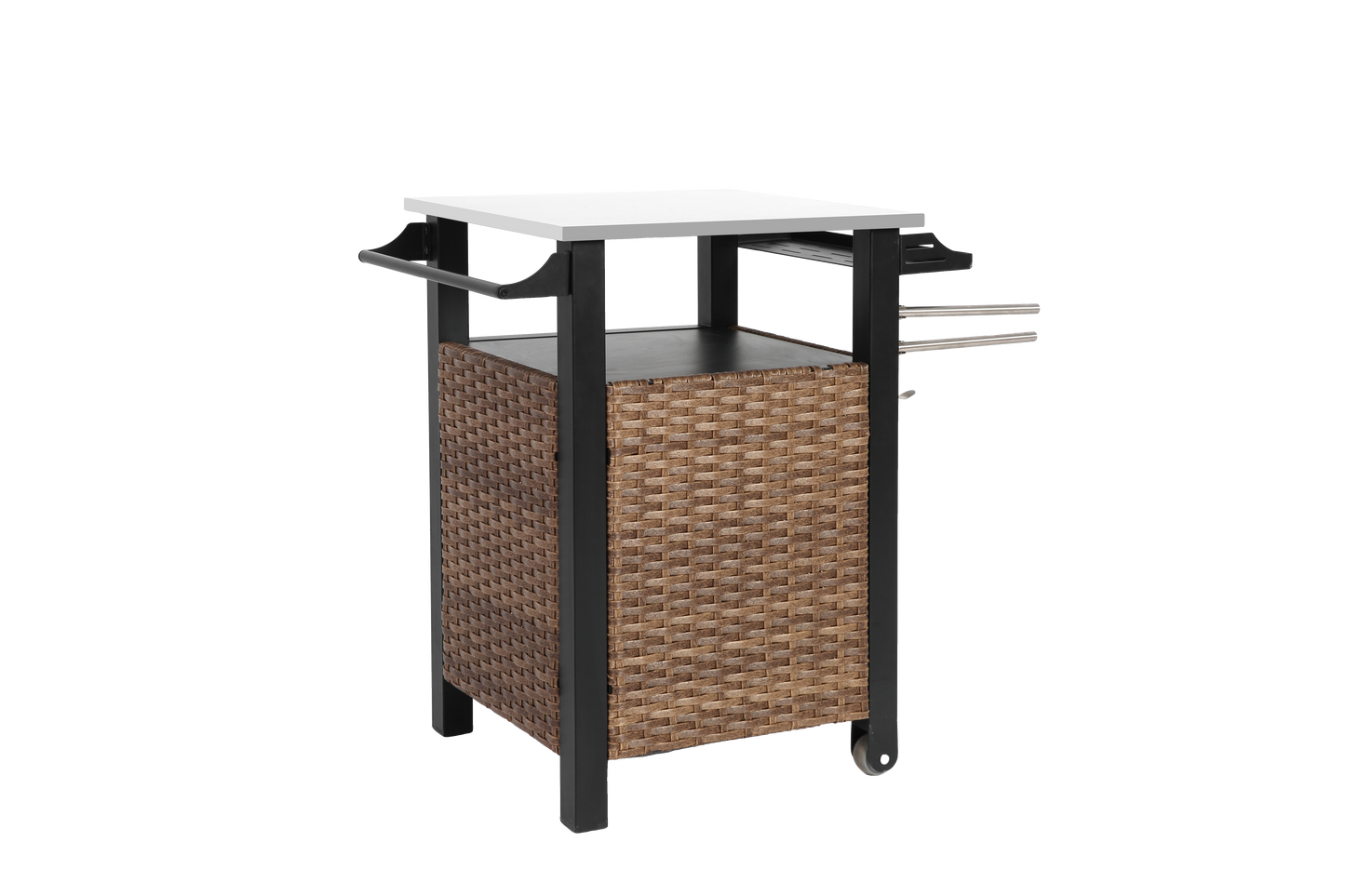 Single door bar cart,Outdoor Kitchen Wicker Island Rolling Cart & Storage Cabinet, Wheels and Stainless Steel Extended Table Top, Side Handle for Patio Kitchen or Bar Cart, Brown