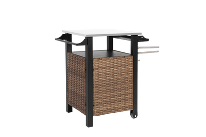 Single door bar cart,Outdoor Kitchen Wicker Island Rolling Cart & Storage Cabinet, Wheels and Stainless Steel Extended Table Top, Side Handle for Patio Kitchen or Bar Cart, Brown