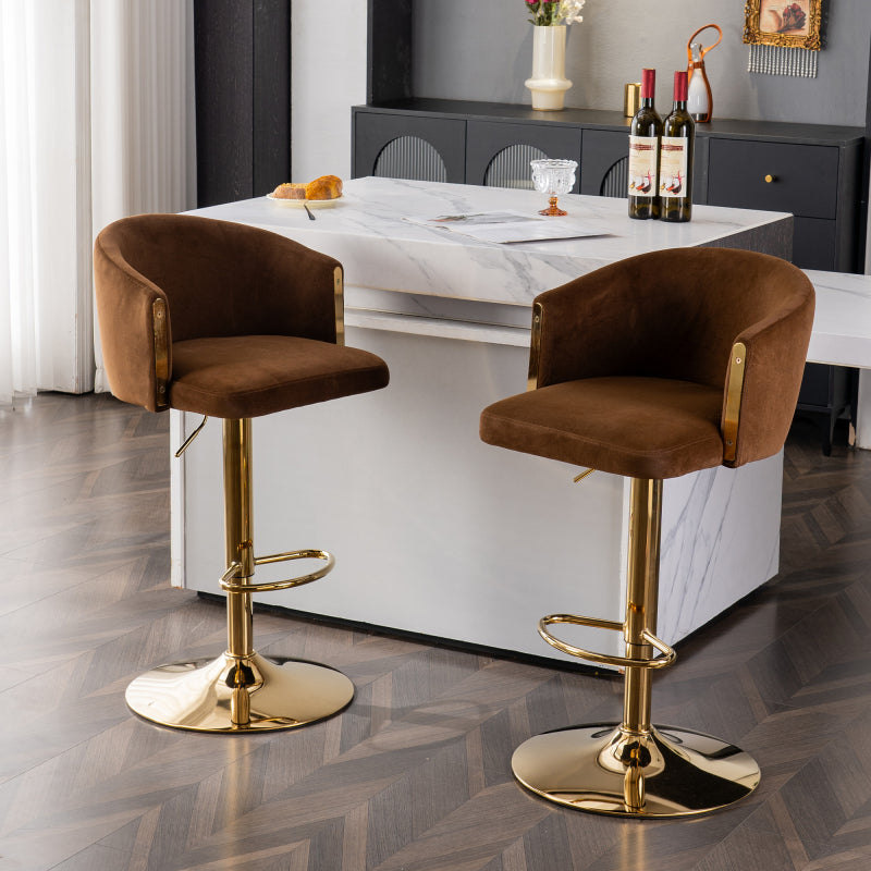 Moderner drehbarer höhenverstellbarer Barhocker, moderner Barhocker für Küche, Bar und Restaurant Theken, Hubhocker mit Rückenlehne und goldener Fußstütze (brown.Set of 2)