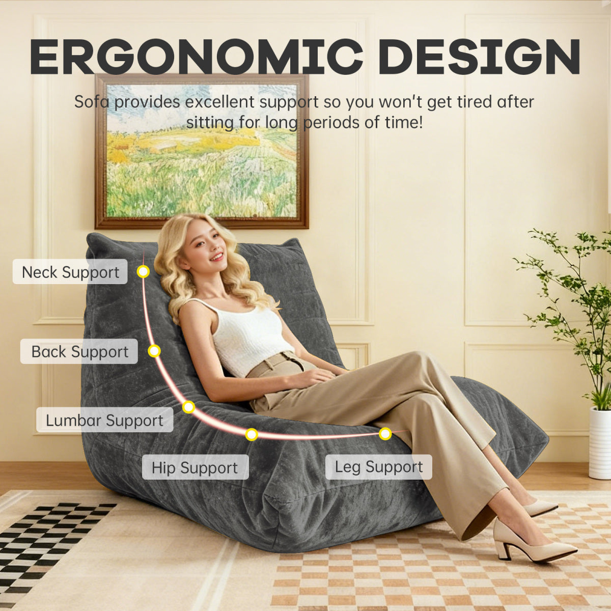 Ergonomischer Sitzsack Sessel mit 5-Zonen-Körperunterstützung, Bean Bag Chair aus Chenille-Stoff, Grau