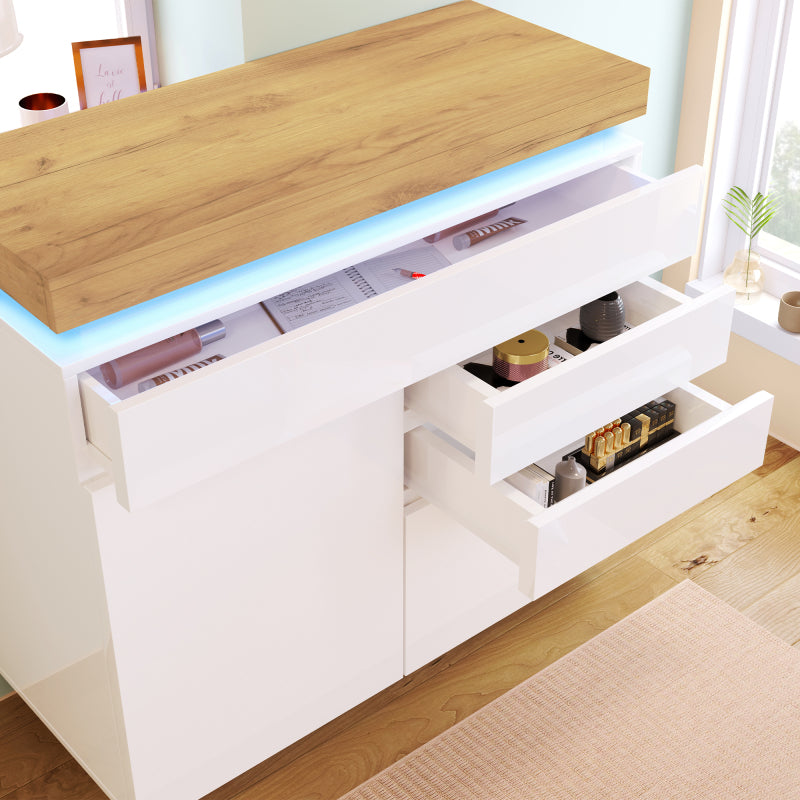 Kommode, Hochglanz Sideboard mit 2 Türen und 3 Schubladen, LED Beleuchtung (App Control), Mehrzweckschrank für Wohnzimmer und Schlafzimmer, 115 x 110 x 39 cm, Weiß