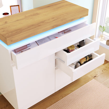 Kommode, Hochglanz Sideboard mit 2 Türen und 3 Schubladen, LED Beleuchtung (App Control), Mehrzweckschrank für Wohnzimmer und Schlafzimmer, 115 x 110 x 39 cm, Weiß
