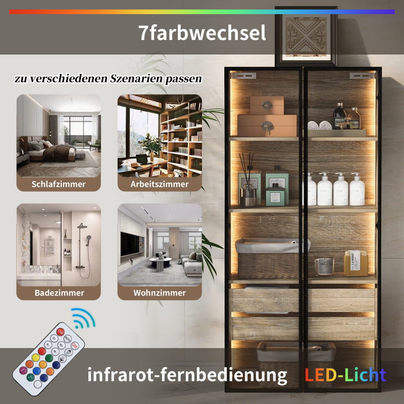 Badezimmerschrank, mittel, mit Lichtleiste, 73 cm breit, mit 2 großen Schubladen und 2 Türen, Glastür