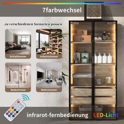 Badezimmerschrank, mittel, mit Lichtleiste, 73 cm breit, mit 2 großen Schubladen und 2 Türen, Glastür