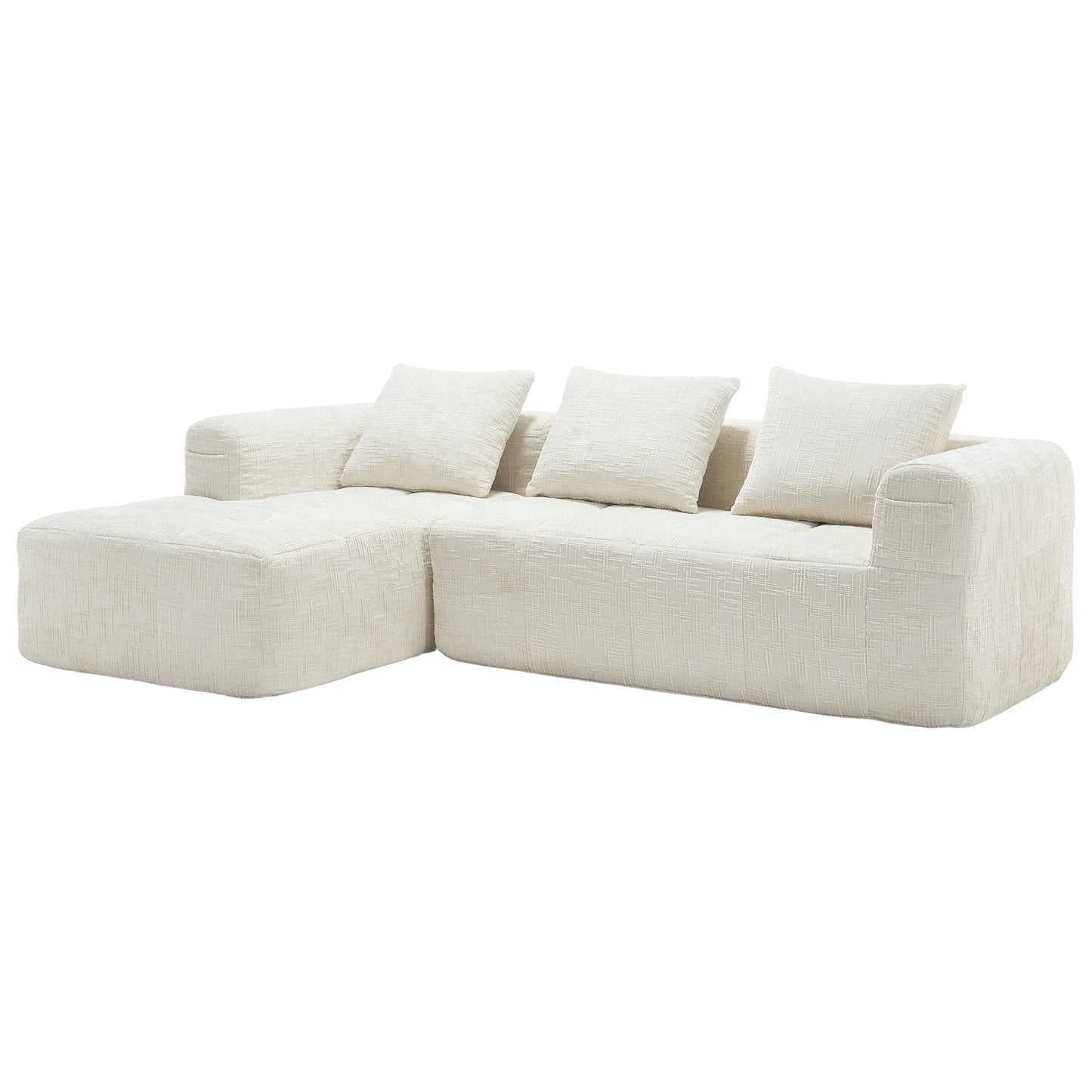 Modernes Sektionssofa, L-Sofa, 3-Sitzer-Sofa, keine Installation erforderlich, Chenille-Sofa mit Chaiselongue und Armlehnen, 3 Kissen, Seitentasche für Fernbedienung, Beige