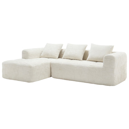 Modernes Sektionssofa, L-Sofa, 3-Sitzer-Sofa, keine Installation erforderlich, Chenille-Sofa mit Chaiselongue und Armlehnen, 3 Kissen, Seitentasche für Fernbedienung, Beige