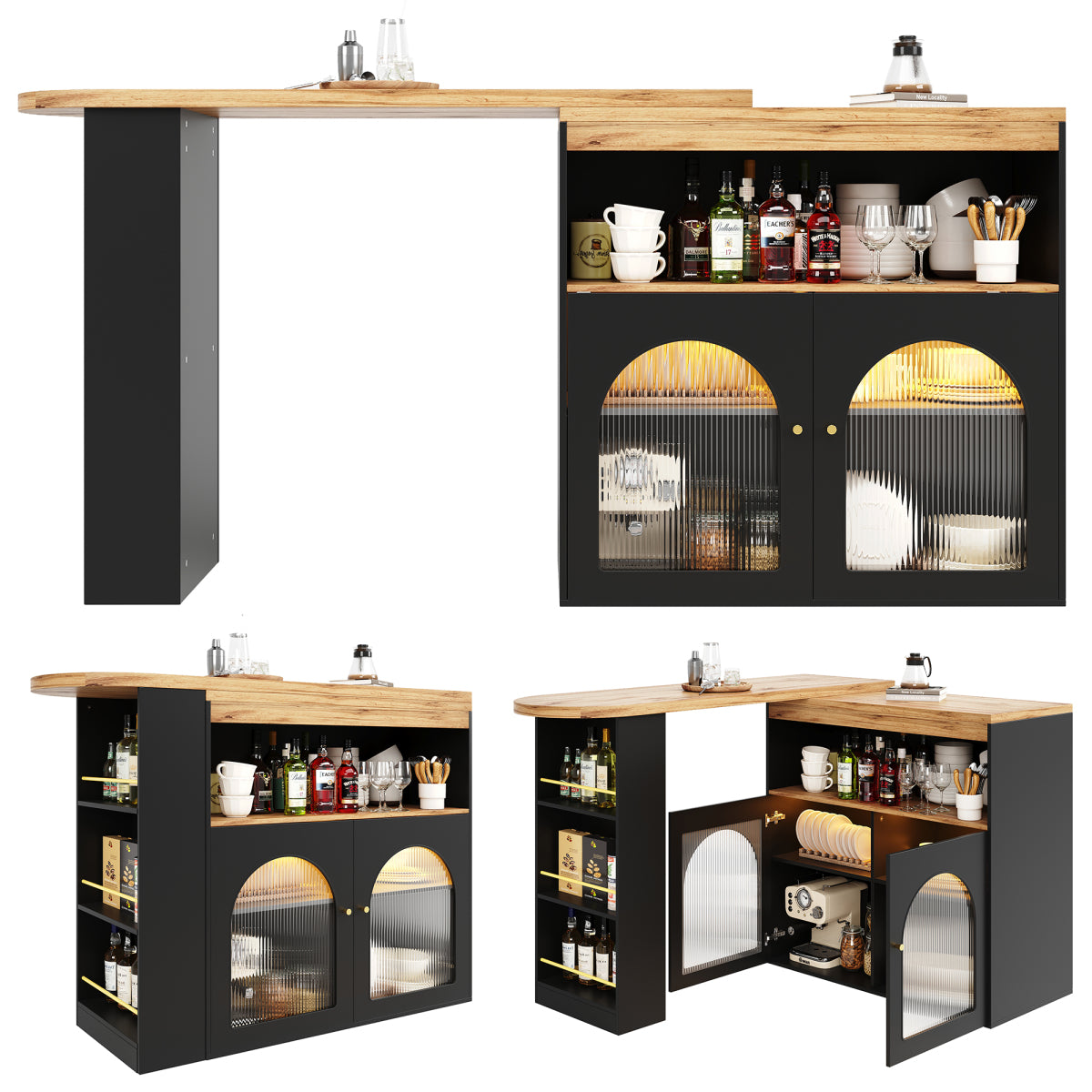 Bartisch ausziehbar 138-193cm, 360° drehbarer Stehtisch mit LED-Beleuchtung & Glasfront, Bistrotisch mit 3 Ablagen, Küchentisch, Schwarz