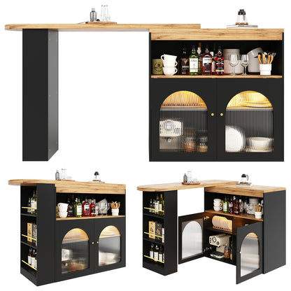 Bartisch ausziehbar 138-193cm, 360° drehbarer Stehtisch mit LED-Beleuchtung & Glasfront, Bistrotisch mit 3 Ablagen, Küchentisch, Schwarz