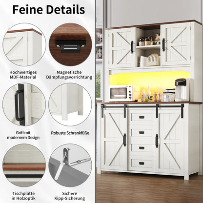 Küchenschrank 115x40x175cm hohes Sideboard Weiß mit App-LED-Beleuchtung, X-Design Schiebetüren, 2 Schubladen & Magnetklappen, Küchenbuffet