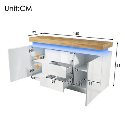 Kommode, Hochglanz Sideboard mit 2 Türen und 3 Schubladen, LED Beleuchtung (App Control), Mehrzweckschrank für Wohnzimmer und Schlafzimmer, 81 x 140 x 39 cm, Weiß