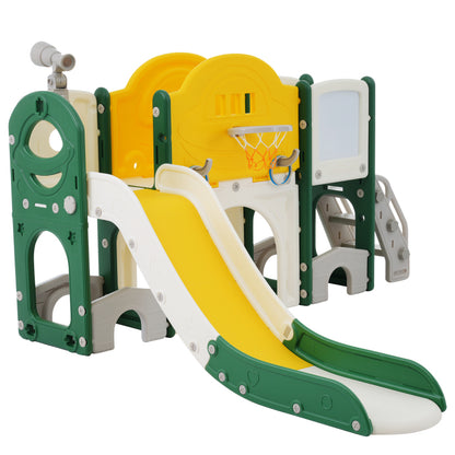 10 in 1 Kinderrutsche Kletterspielzeug, Multifunktionsrutsche Rutschen, freistehende Rutsche, Klettern, Bohrspiel, Stauraum, Spielkorridor, Basketballkorb, Lasso-Spiel, Reißbrett, Golfspiel, Teleskop
