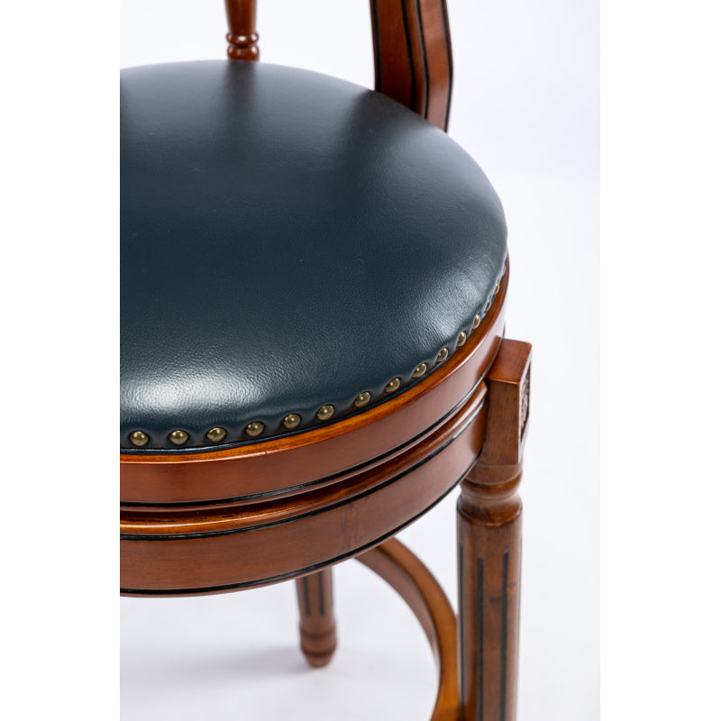 Barhocker aus Holz mit Kuhfell-Obermaterial, 360-Grad-Drehstuhl mit Rückenlehne, Blau + Sitzhöhe 65 cm