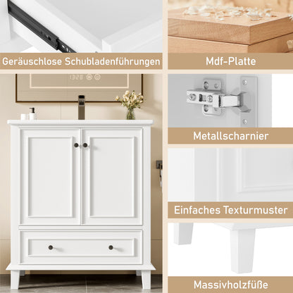 Bodenstehender Badezimmerschrank mit Waschbecken, Waschtisch, feuchtigkeits- und wasserdicht, integriertes Keramik Waschbecken, weiß