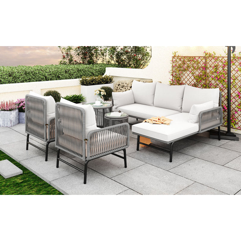 Gartenlounge-Set, Gartenmöbel-Set, Mit Eisenrahmen und grauem Seil, Gartenmöbel aus gewebtem Seil für den Außenbereich, Grau, Zwei Sessel, zwei 2-Sitzer-Sofas und zwei Tische (alle Kissen inklusive)