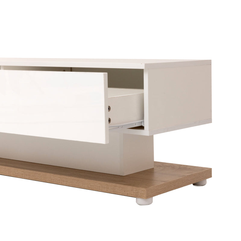 TV-Schränke, Lowboards, Kombination aus Hochglanzweiß und Holzfarben. Glastrennwände und variable LED-Beleuchtung. Es kombiniert natürlichen Landhausstil mit modernem Design.