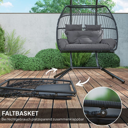 Hängesessel mit Gestell faltbar Hängekorb mit Kissen, Polyrattan, für 2 Personen, belastbar bis 260kg Sessel für Balkon Terrasse, Dunkelgrau