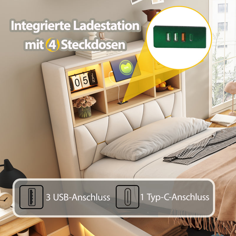 Kinderbett  90×200 cm mit hydraulischem Stauraum APP-gesteuertes LED-Lichtband USB-Ladeanschluss Metall-Lattenrost Leinenpolsterung Beige