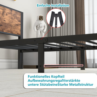 90x200 cm Metallgestell mit Stauraum-Kopfteil, Einzelnes Metall-Plattformbettgestell, Geräuschfrei, Metalluntergestell, Ohne Boxspring Notwendig, Vintage Braun