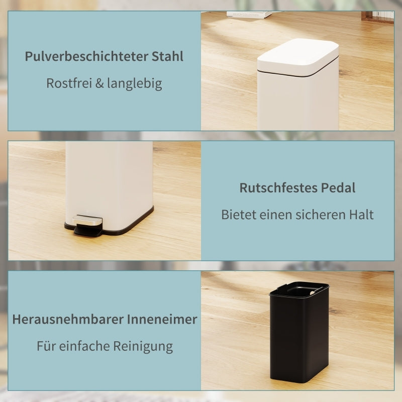 Mülleimer 5L Treteimer mit Deckel und Fußpedal, Müllbehälter mit Inneneimer, Badezimmer-Mülleimer für Wohnzimmer, Büro, Metall, Weiß