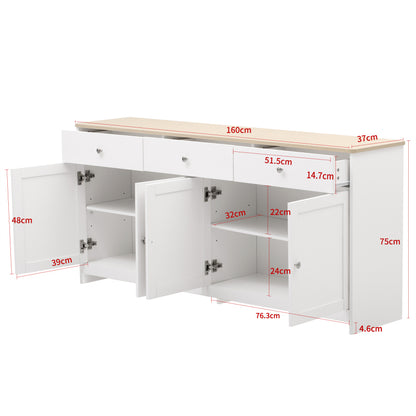 Sideboard mit weißer Holzmaserung, vier Türen, mit drei Schubladen, Wohnzimmer, Esszimmer. Holzfarbe und Weiß