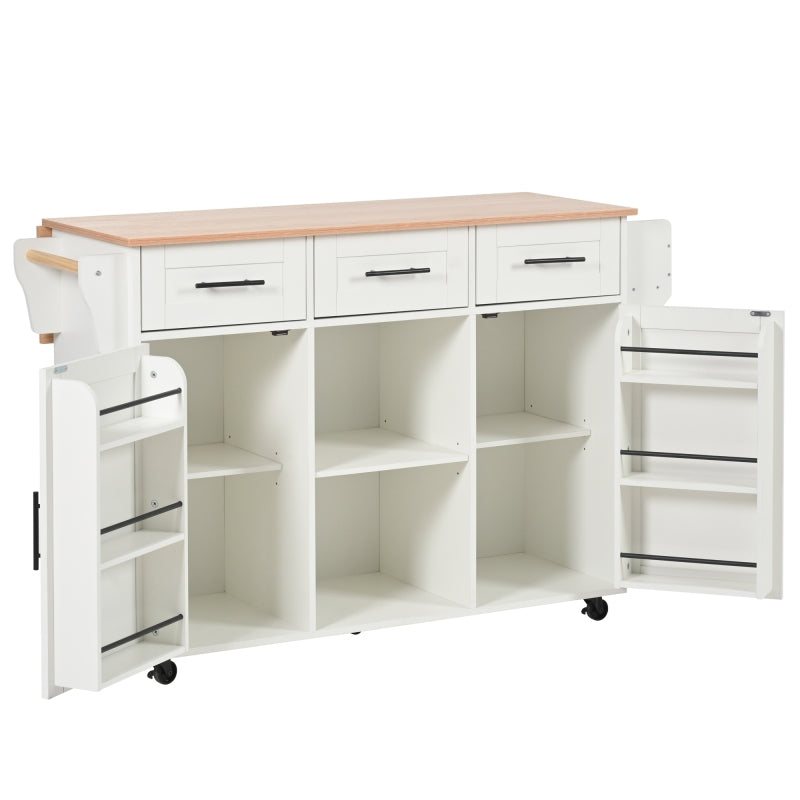 139x46(71)x91,5 cm großer Esswagen/Anrichte, Korpus weiß + Arbeitsplatte in Massivholzmaserung, klappbare Arbeitsplatte, Ablagetür, Rollen, auswechselbare Massivholzfüße, geeignet für Esszimmer, Küche