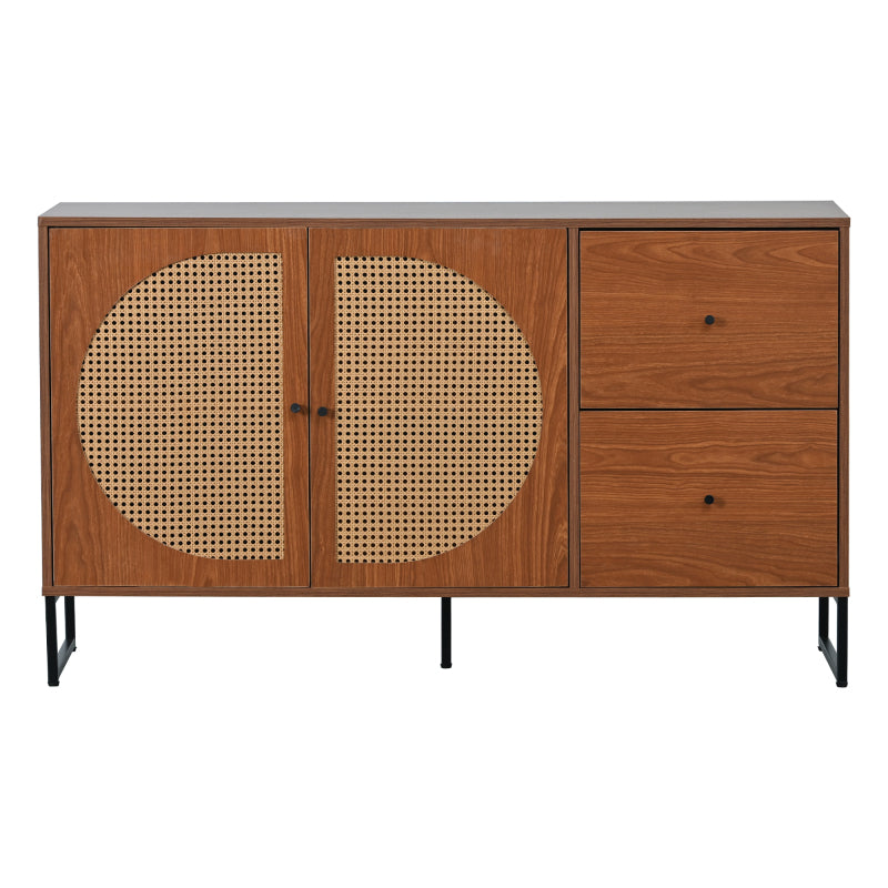 Sideboard mit 2 Rattan verzierten Türen und 2 Schubladen Kommode Küchenschrank, Mehrzweckschrank, Highboard mit Metallgriffe, für Schlafzimmer & Wohnräume & Büro