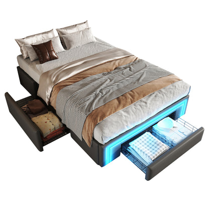 Bettgestell 90X200 mit Schubladen, PU-Leder Bett ohne Kopfteil Mit LED-Lichtleiste, MetalllattenPlattformbett für moderne Schlafzimmer Grau