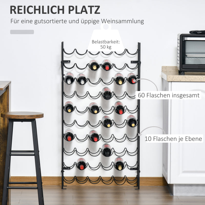 Weinregal für 60 Flaschen, wandmontierbares Flaschenregal aus Metall, eleganter Weinständer in Schwarz für Zuhause