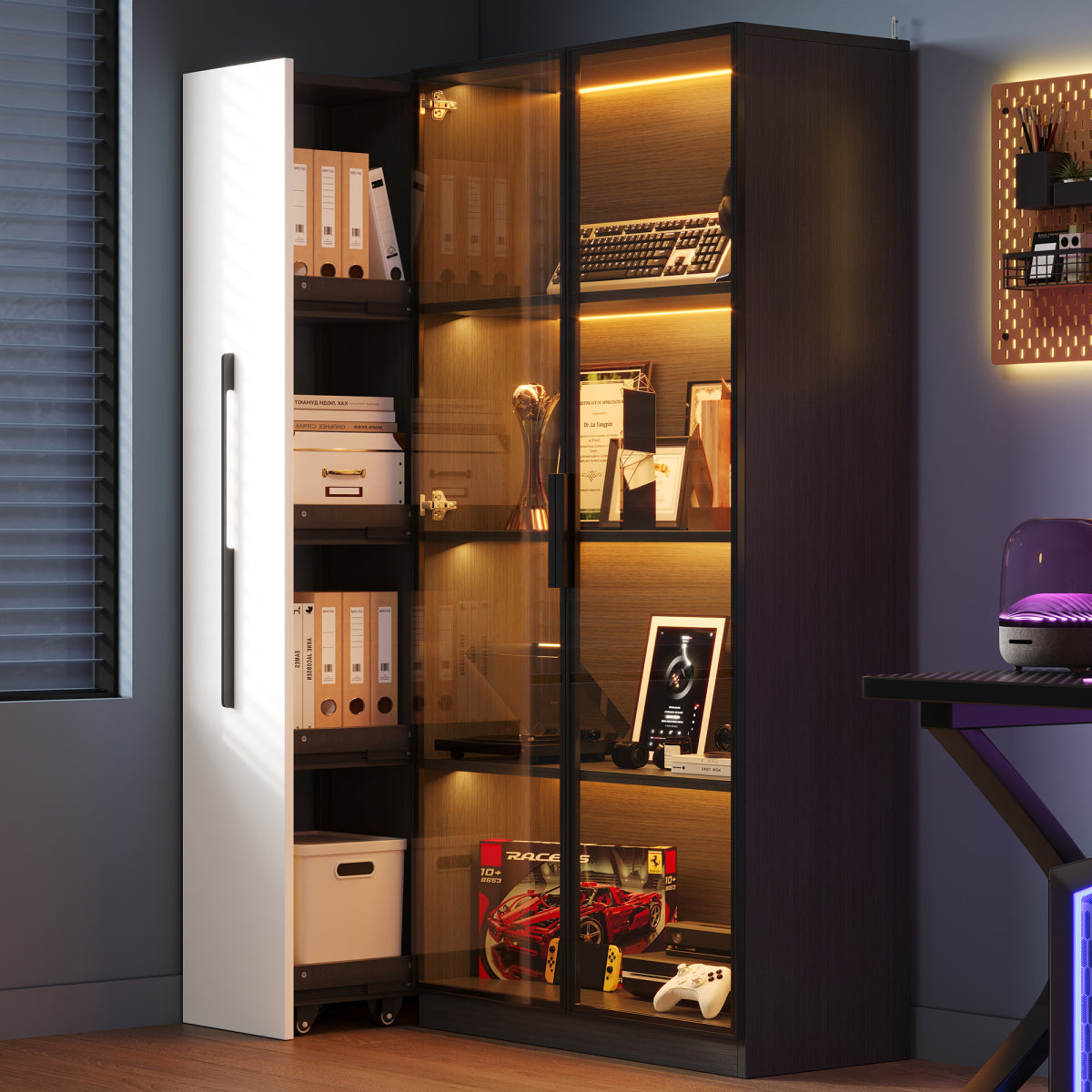 Multifunktionsschrank 110,5x35x160cm Vitrine mit LED-Beleuchtung, Seitenauszug & Glastür – Moderner Hochschrank in Schwarz-Weiß