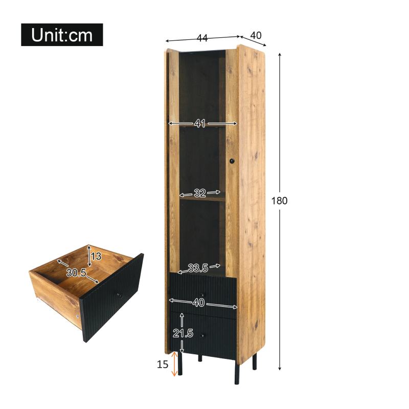 Sideboard, Hochschrank in schwarzer Holzmaserung – 180 x 44 x 40 cm mit Glastür, gelbem LED-Licht, 2 Schubladen
