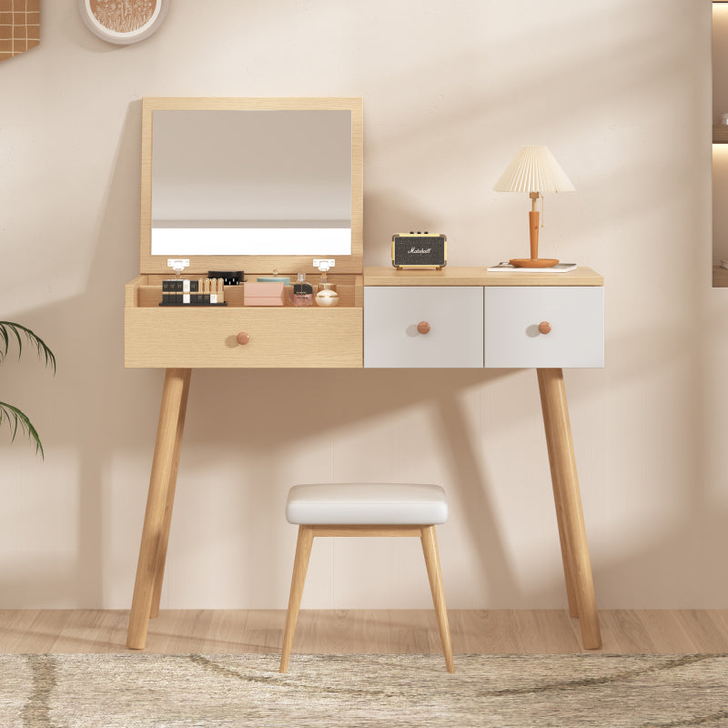 Schminktisch, Kosmetiktisch Mit Spiegel, Schminktisch aus Holz Mit Schubladen, geteilter Stauraum, große Lagerkapazität - Maße:B100/H78/T40 cm(ohne Hocker)(OLD SKU: WF319875AAW)