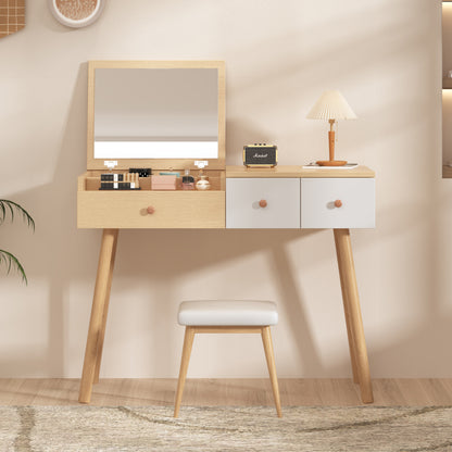 Schminktisch, Kosmetiktisch Mit Spiegel, Schminktisch aus Holz Mit Schubladen, geteilter Stauraum, große Lagerkapazität - Maße:B100/H78/T40 cm(ohne Hocker)(OLD SKU: WF319875AAW)