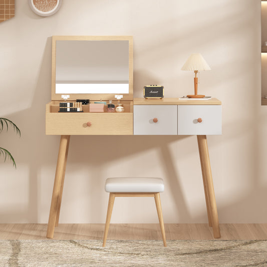 Schminktisch, Kosmetiktisch Mit Spiegel, Schminktisch aus Holz Mit Schubladen, geteilter Stauraum, große Lagerkapazität - Maße:B100/H78/T40 cm(ohne Hocker)(OLD SKU: WF319875AAW)