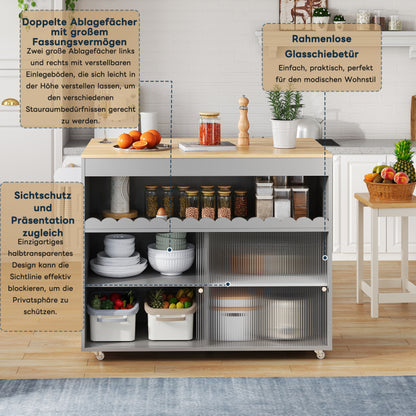 122 x 46(69) x 91cm, klappbarer Kücheninselwagen, Arbeitsplatte aus Eichenholzfurnier, Schiebetüren aus gehärtetem Glas, verstellbare Einlegeböden, Handtuchhalter, großer Kücheninselwagen
