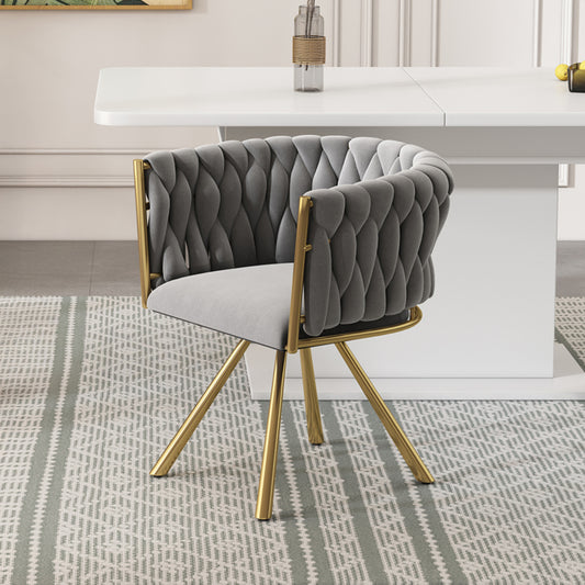 Samt-Esszimmerstuhl, einzelner heller Luxus-Wohnzimmer-Schlafzimmer-Drehstuhl, Freizeit-Drehstuhl mit vier Stützbeinen aus Metall,Grau und Gold