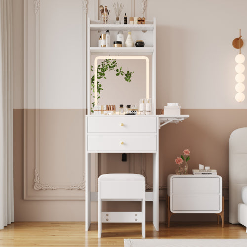 Schminktisch mit klappbarer Tischplatte, Frisiertisch Weiß 75cm, LED Spiegel (dimmbar, 3 Farben) & Stauraum