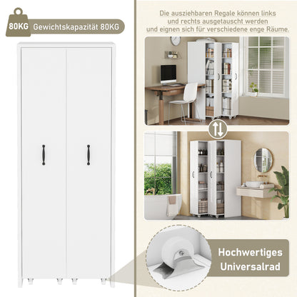 Erweiterbares Bücherregal mit Rollen – 4 Ebenen, Links und rechts austauschbar, MDF, 20 kg Tragkraft pro Ebene, leise Lenkrollen, weiß