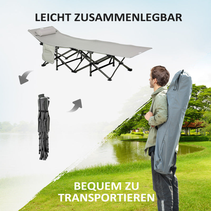 Campingbett Klappbares Feldbett mit Kopfkissen und Seitentasche, Matratze in Hellgrau, belastbar bis 150kg