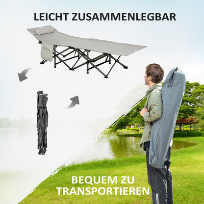 Campingbett Klappbares Feldbett mit Kopfkissen und Seitentasche, Matratze in Hellgrau, belastbar bis 150kg