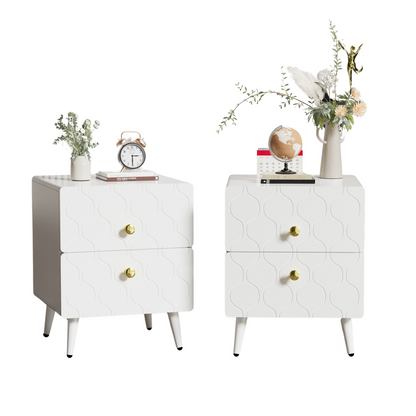 Moderner Nachttisch, vergoldete Griffe, Wellenmuster, 2er-Set, mit 2 Schubladen, lackiert, Ecken mit stoßfestem Design, 39,5 B*40 T*50 H cm, Weiß