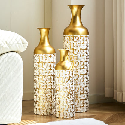 3er Set Bodenvase Metall, Weiß-Gold, Retro Stil, 83/65/50 cm hoch