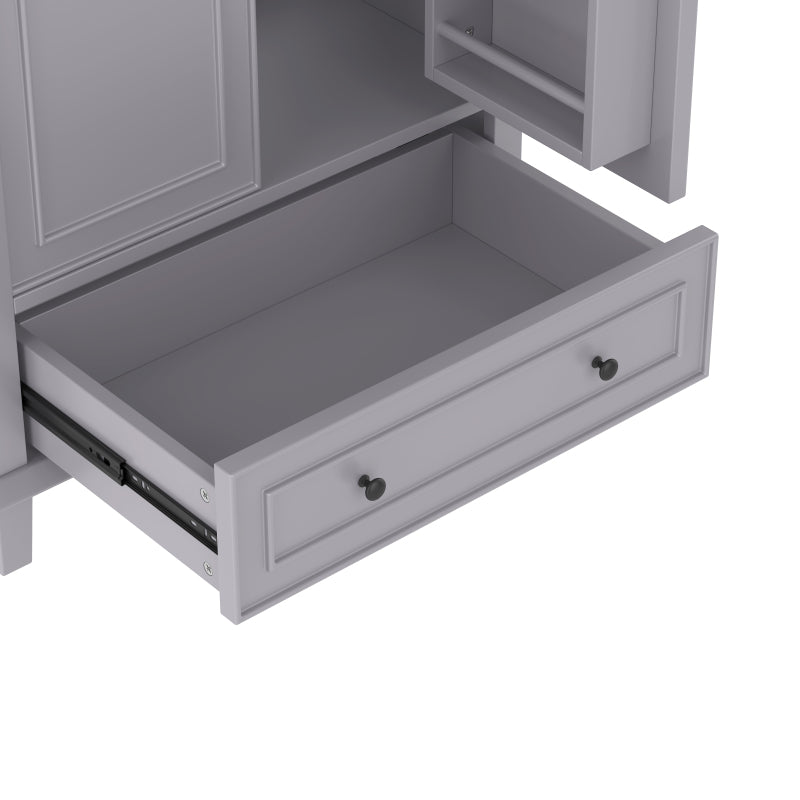 76x46x87cm Bodenstehender Badezimmerschrank mit Waschbeck, Waschtisch,Beine aus Massivholz, MDF-Material, feuchtigkeits- und wasserdicht, großer Stauraum, integriertes Keramikwaschbecken, Grau