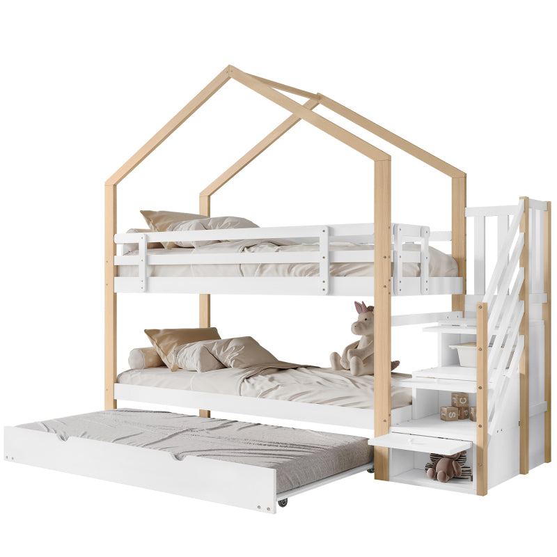 Etagenbett, Ausziehbares Baumhausbett, Schiebebett, Treppe mit 3 Schubladen, Kinderbett mit Absturzsicherung und Kinderbettgitter, mit Lattenroste, Natur+Weiß (90x200cm&90x190cm) [30813567NAA]