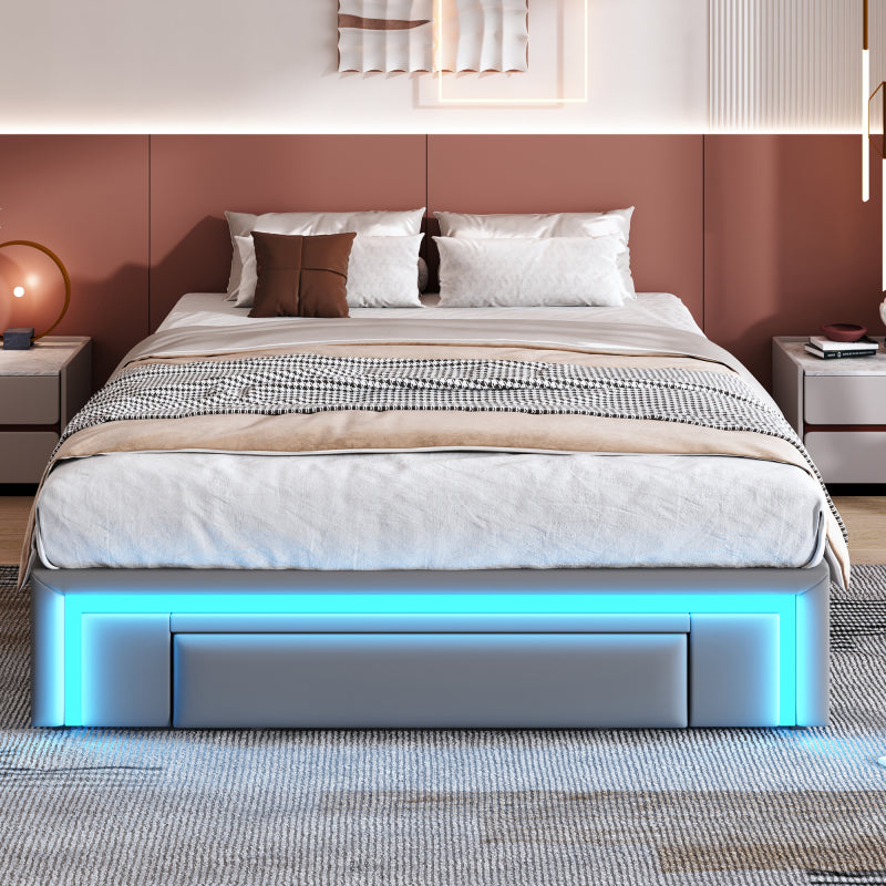 Bettgestell 140X200 mit Schubladen, PU-Leder Bett ohne Kopfteil Mit LED-Lichtleiste, MetalllattenPlattformbett für moderne Schlafzimmer Grau