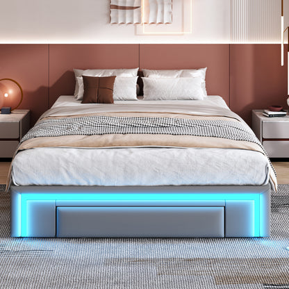 Bettgestell 140X200 mit Schubladen, PU-Leder Bett ohne Kopfteil Mit LED-Lichtleiste, MetalllattenPlattformbett für moderne Schlafzimmer Grau