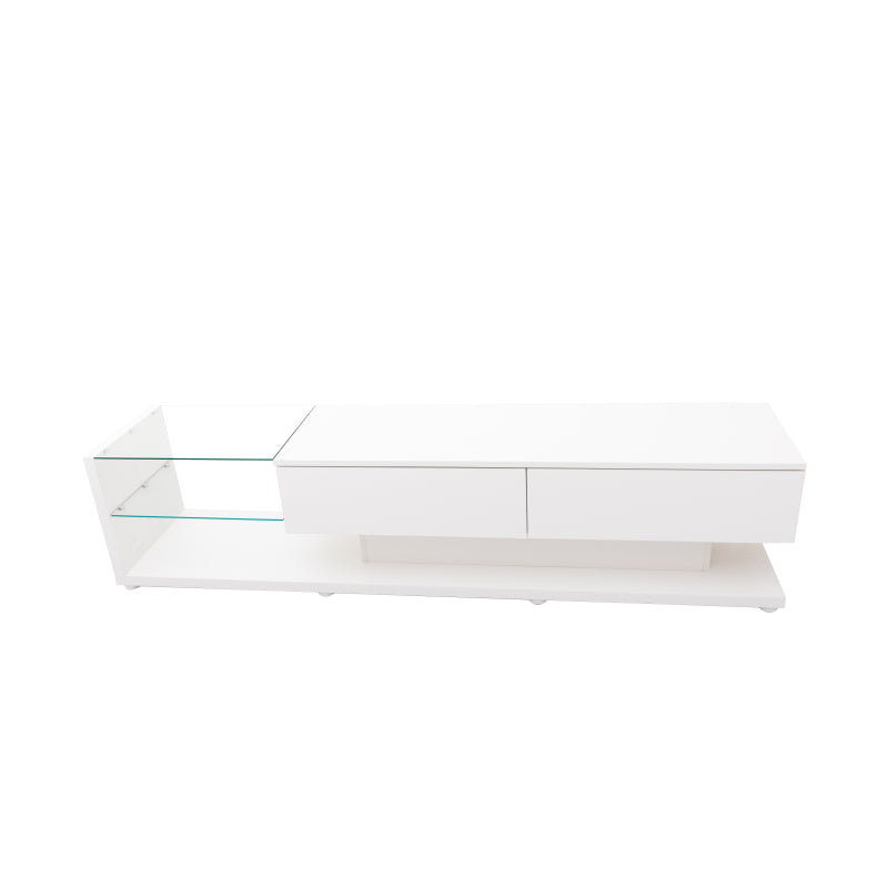 TV-Schränke, niedrige Paneele, hochglänzende weiße Glastrennwände und variable LED-Beleuchtung. Es verbindet natürlichen, rustikalen Stil mit modernem Design.