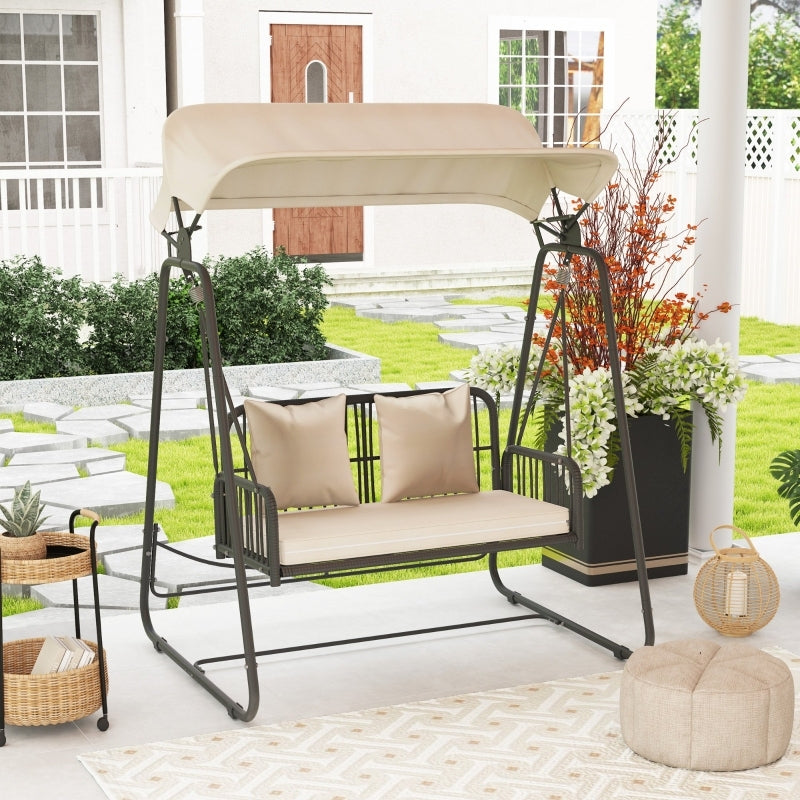 Hollywoodschaukel Rattan 2-Sitzer Gartenschaukel mit verstellbar, Sonnendach Kissen Hängebank, für Garten Balkon, Khaki