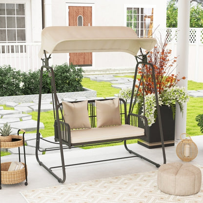 Hollywoodschaukel Rattan 2-Sitzer Gartenschaukel mit verstellbar, Sonnendach Kissen Hängebank, für Garten Balkon, Khaki